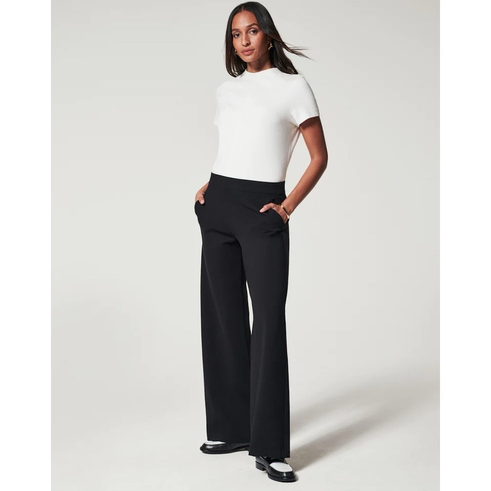 Spanx SuperSmooth Perfect Fit Ponte Wide Leg Black Work Office Pants Medium
